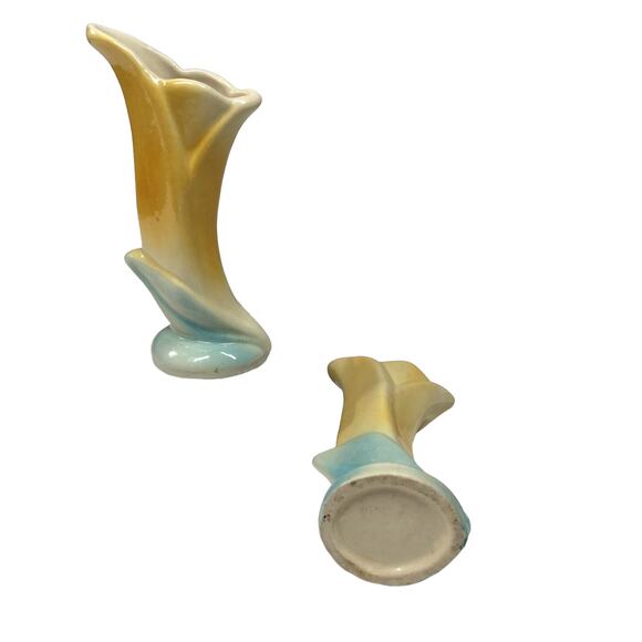 Vintage Shawnee Pottery Bud Vases Deco Yellow & Aqua Set of 2 - Picture 4 of 6